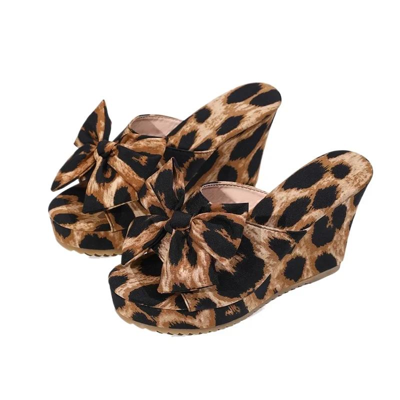 Fashion Brand Ladies Shoes 2025 Peep Toe Casual Slippers Women Fashion Leopard Print New Women's Butterfly-knot Platform Wedge Sandals