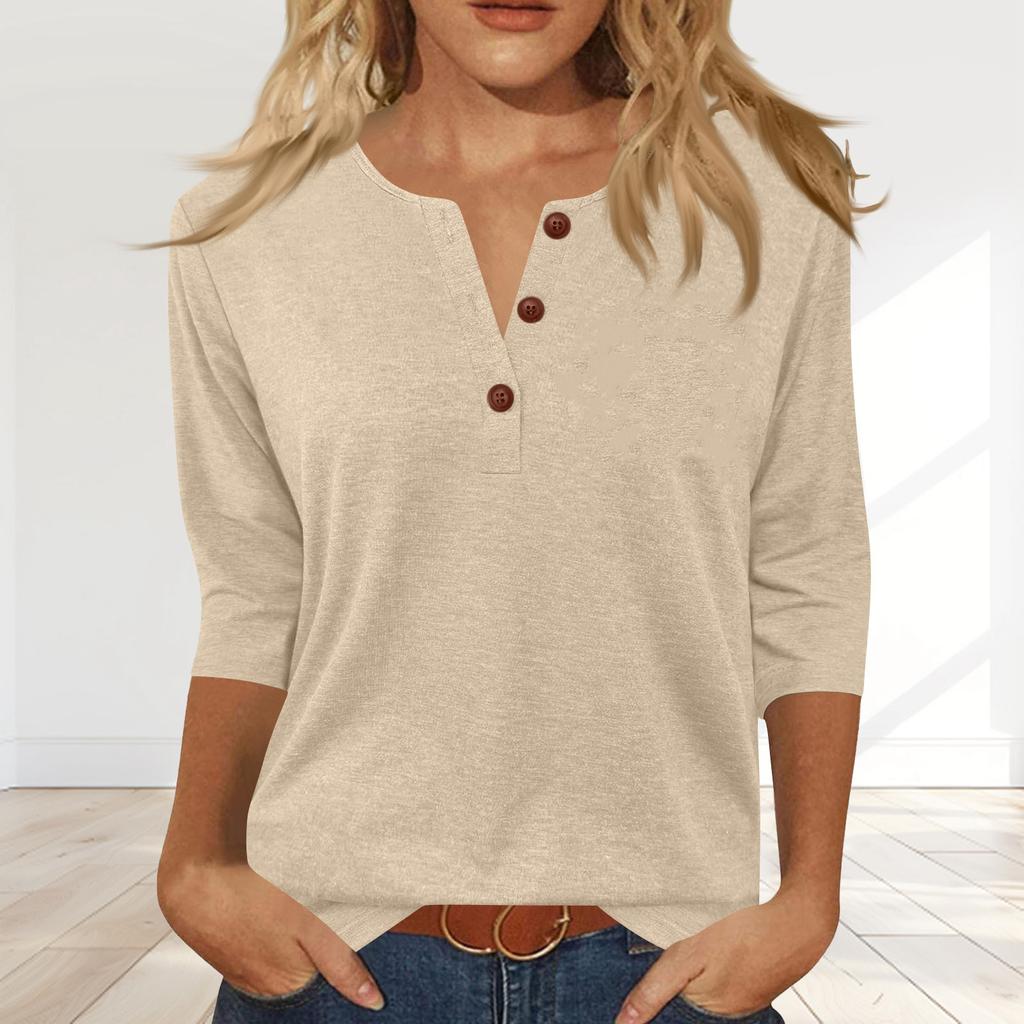 Women's Fashionable Casual Button-down Collar Three-quarter Sleeve T-shirt Top
