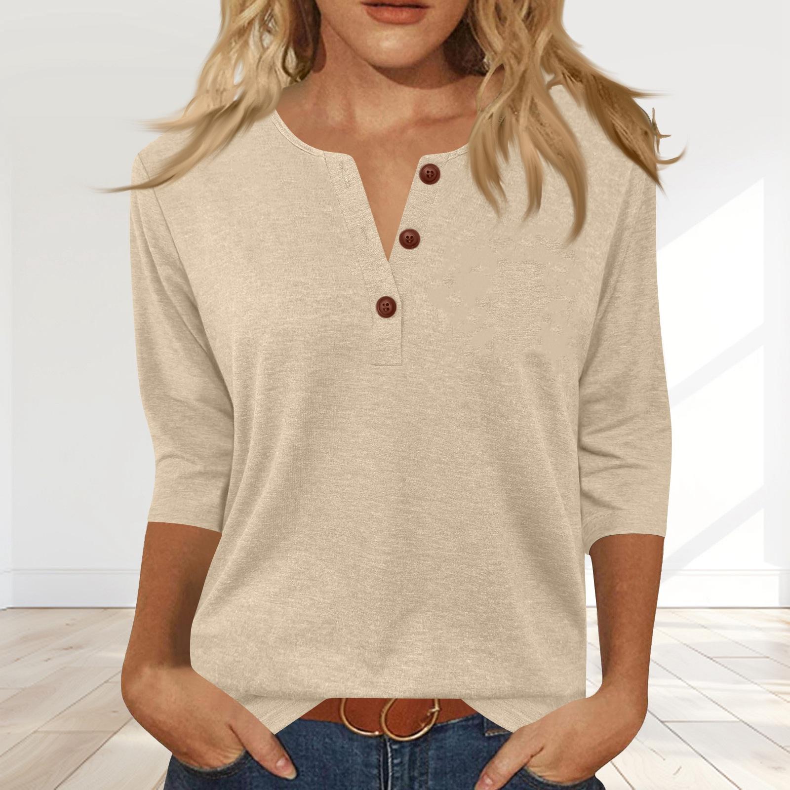 

Women s Fashionable Casual Button-down Collar Three-quarter Sleeve T-shirt Top L хакі