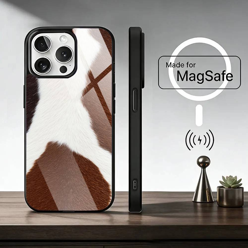 Creative Milk Cow Pattern Lychee Texture Phone Case For iPhone17,16,15,14,13,12,11Pro Magnetic For Magsafe Wireless Charging iPhone13PROMAX