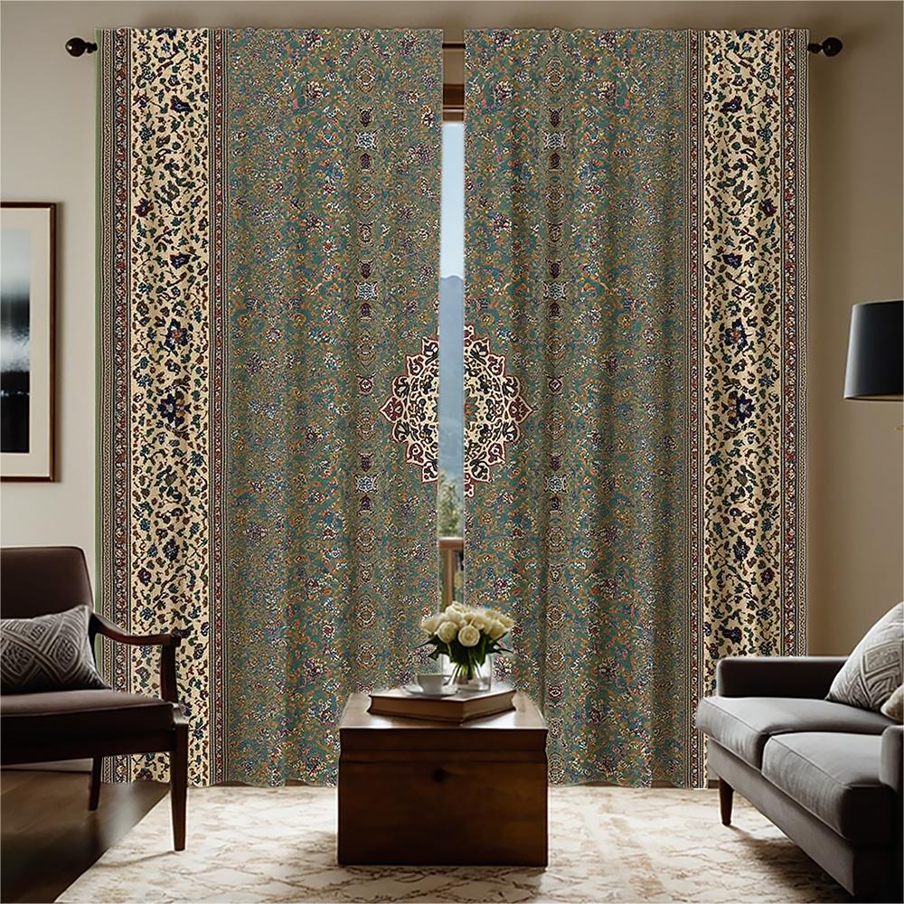 Piece Set High Definition Digital Printed Curtainoriental Style Green Patterned Border Curtainhome Decoration Curtain Polyester
