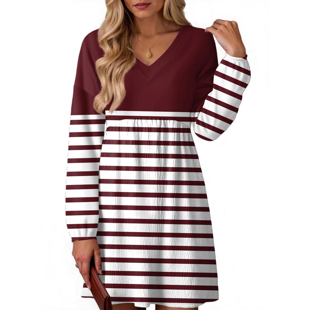 Women's Fashion Striped V-Neck Long Sleeve Dress