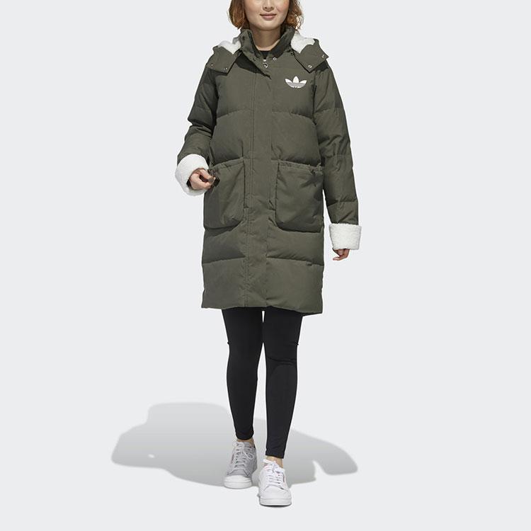 adidas Originals Long Sherpa Mid-Length Sports Down Jacket With Hood Winter Women Jackets Dark-Green GL6409