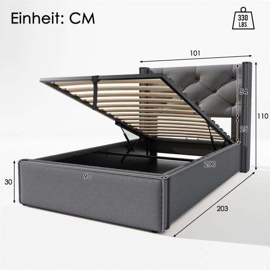 Hydraulisches Einzelbett Polsterbett 90x200cm, Bett mit Lattenrost, Moderner Bettrahmen mit Stauraum, Grau