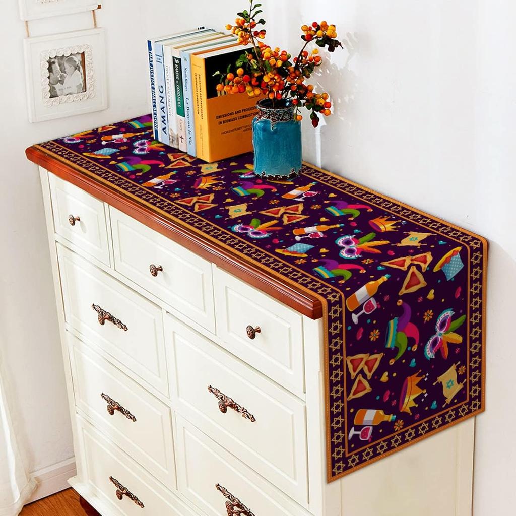Purim Linen Table Runner Jewish Holiday Party Decor Hamantaschen Hat Masque Gragger Table Runner Carnival Decorations