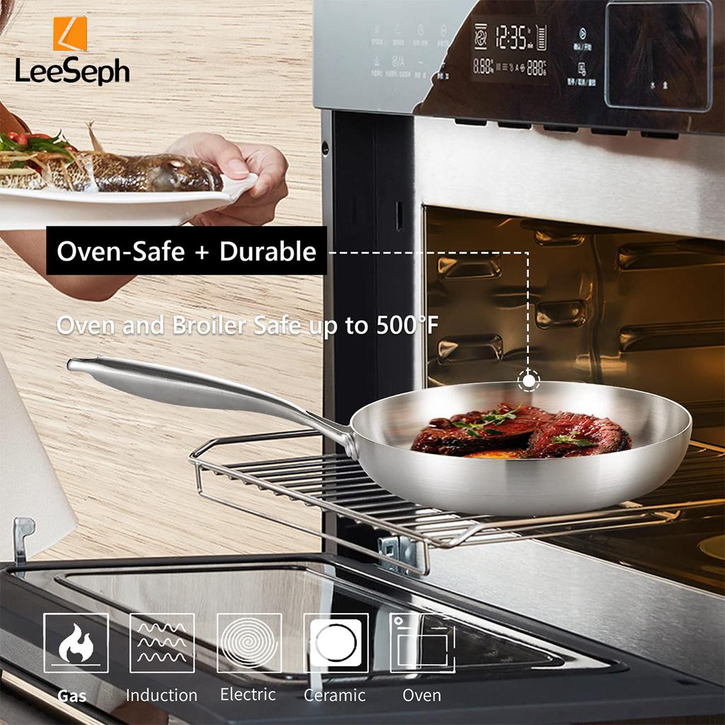 Leeseph Tri-ply Stainless Steel Frying Pan, Multipurpose Fry Pan, Cooking Skillet with Stainless Steel Handles, Kitchen Cookware
