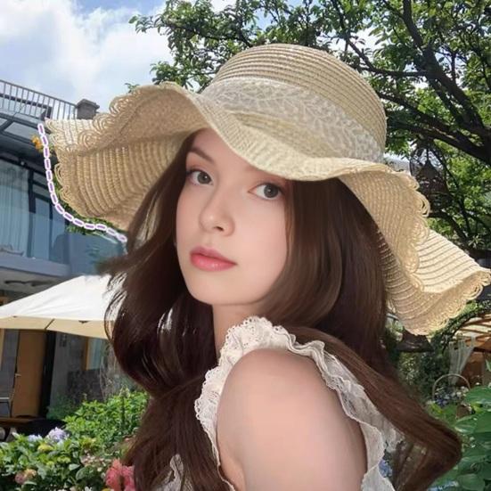 Sun Hat Large Wavy Brim Breathable Summer Straw Hat with Lace Bow Tulip Decor Foldable Portable Travel Hat