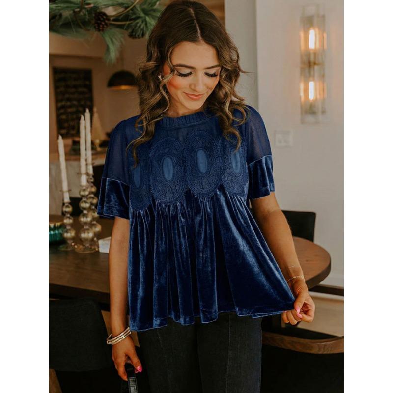Women European Style Loose Embroidered Puff Short Sleeve Lace Patchwork Velvet Blouse