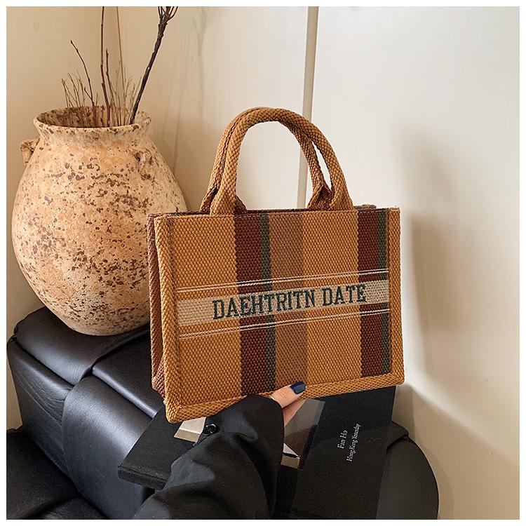 Women's Bag Cotton and Linen Large-capacity Portable Tote Bag New Fashion Embroidery Striped Color Contrast Hand Bag Women's Bag