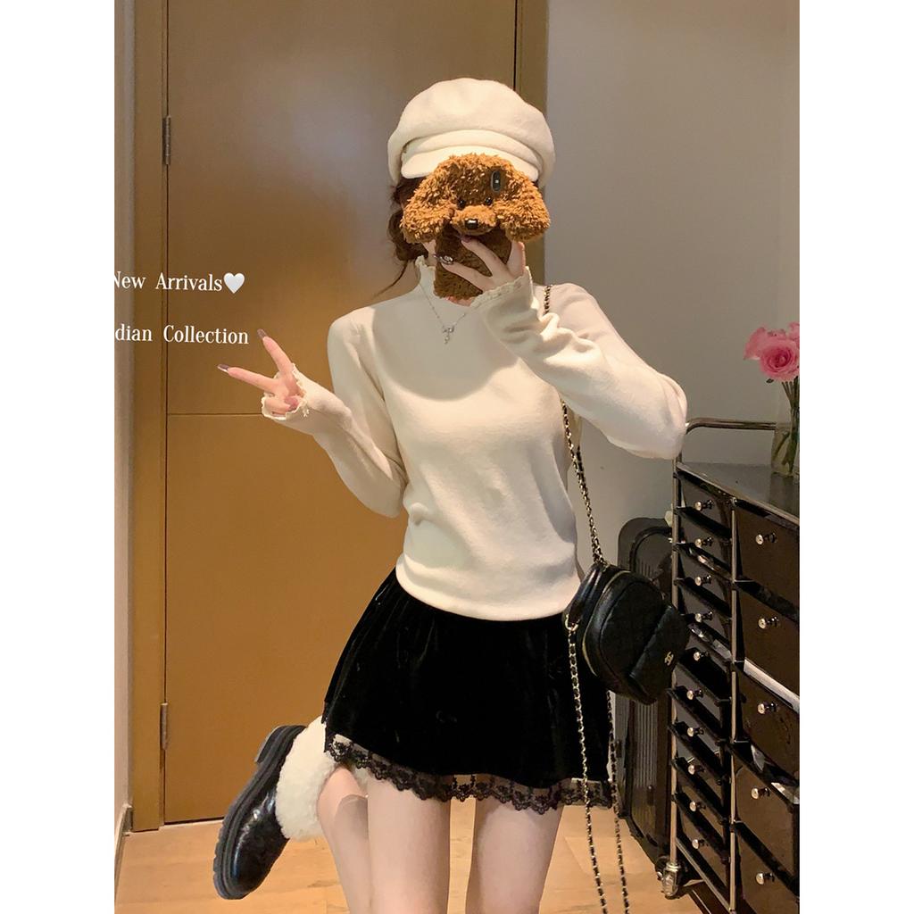 Lace semi-turtleneck knitted sweater women's autumn and winter slim-fitting and thin shoulder long-sleeved bottoming sweater basic top