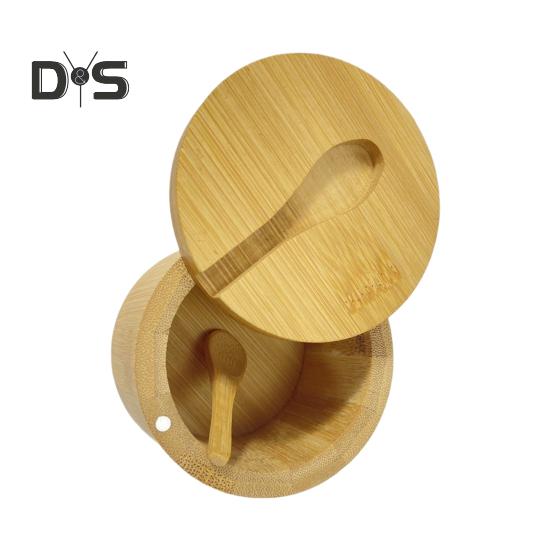 Bamboo Salt Cellar Seasoning Jar with Built-in Spoons Salt Container for Kitchen Swivel Lid Spice Box for Countertop