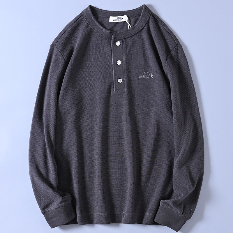 HK Company Tail Single Washed Minimalist Easiest for Match Men Waffle Small Embroider Henry Collar Long Sleeves T-shirt Bottoming Shirt Fashion