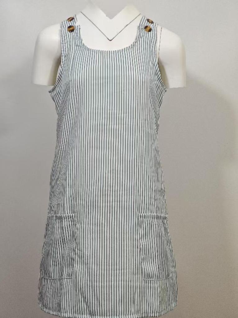 Striped Pocket Button Dress with Suspender and Short Skirt