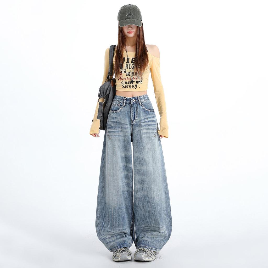 Women's Personalized Bamboo Pattern Light Blue Wide Leg Jeans - Trendy, Slimming, Loose Fit for Spring/Summer
