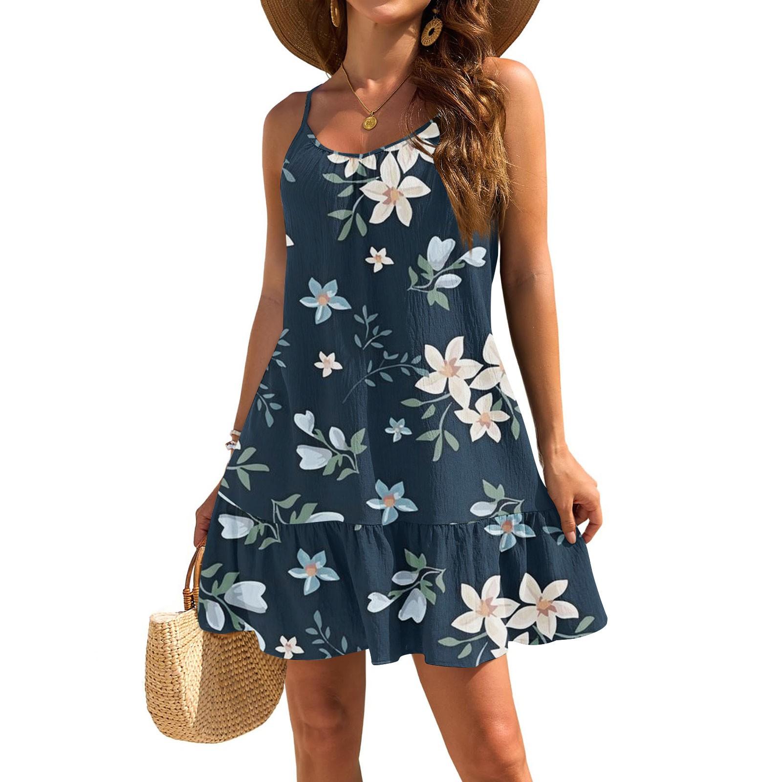 

Женское платье без рукавов, свободное, повседневное, темпераментное, гавайское, цветочное, пляжное платье XXL тёмно-синий