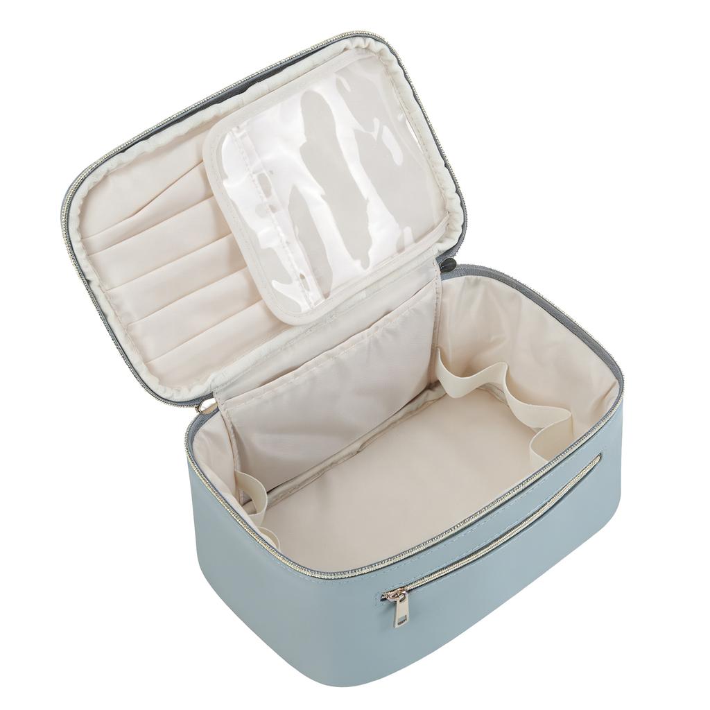 Toiletry Makeup Bag Large Capacity Water Proof PU Cosmetic Bag with Double Zips Independent Brush Compartments for