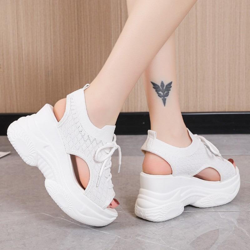 Flying Woven Mesh Wedge Heel Sandals Summer Fish Mouth High Heel Casual Small Large Size Sandals