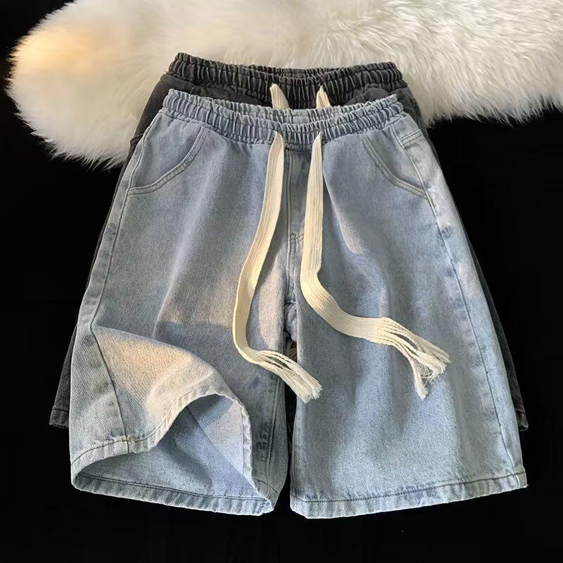 Men's Retro Straight-Leg Denim Drawstring Shorts - Casual, Lightweight, Mid-Length, Loose Fit, Summer Style, Large Size