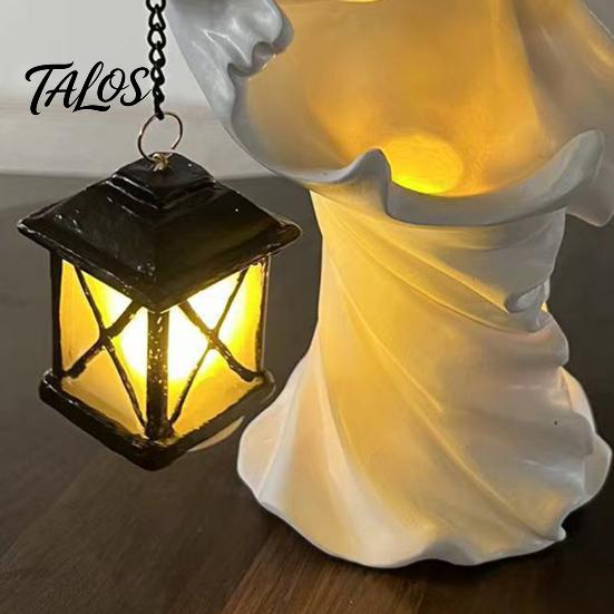Weatherproof Garden Lighting Ornaments Halloween Ghost Messenger Resin Figurine, Witch Statue with Lantern, Waterproof Indoor Outdoor Lantern Statues