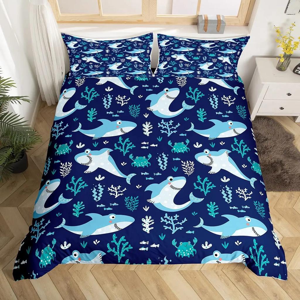 Shark Fish Print Soft Duvet Cover Set Lovely Underwater Animals Premium Soft Beding Set Children Tens Adult Peoples Blue Warm Comforter Cover Sets