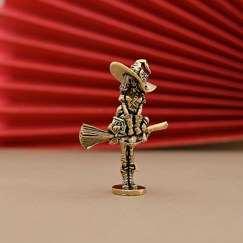 Brass Broom Witch Figurine With Retro Design Durable Material Home Desktop Decor Halloween Ornament