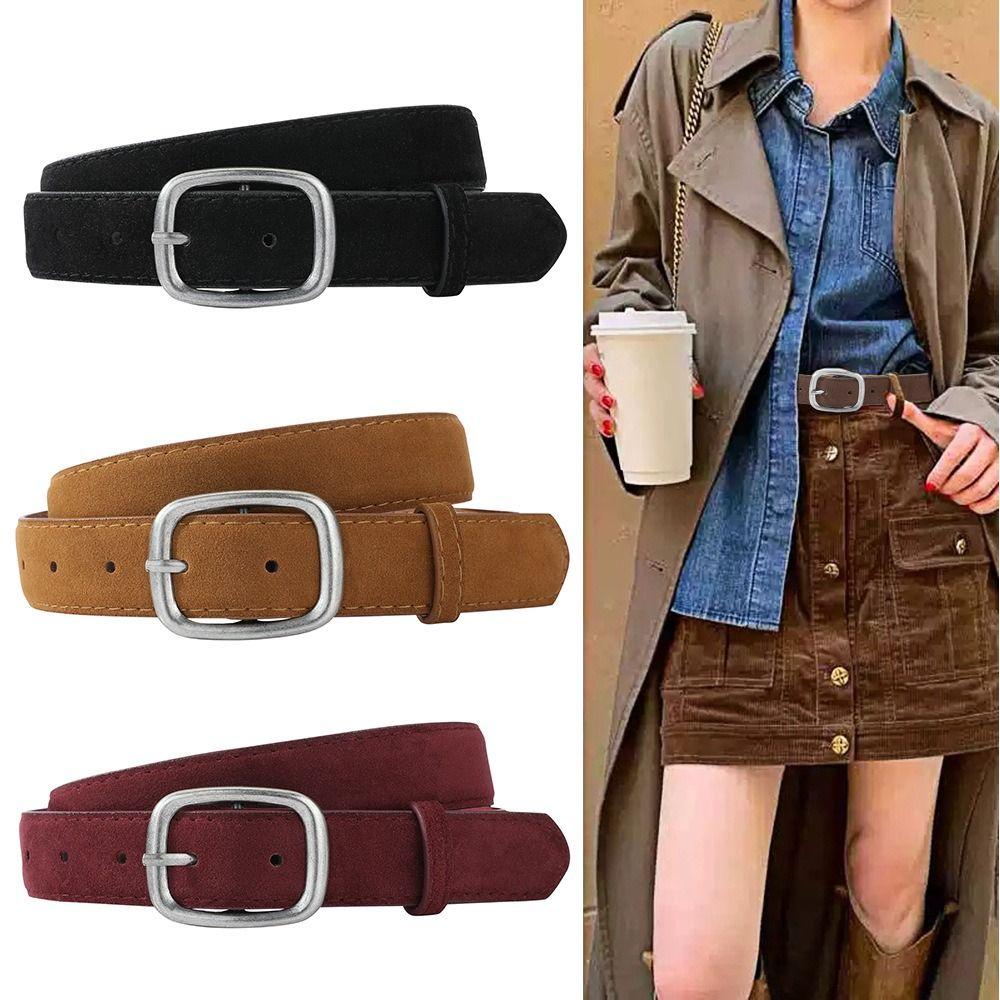 Square Buckle Suede Belt Maillard Trouser Decoration Elegant Pu Waistbands Female/Girls