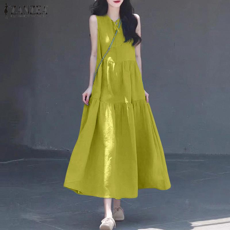 ZANZEA Women Lace Up Round Neck Summer Casual Sleeveless Dress