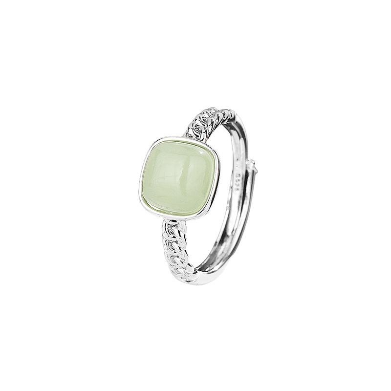 PONYKISS Tibetan Silver Square Jade Chain Adjustable Rings for Women Trendy Fashion Minimalist Chinese Style Accessories