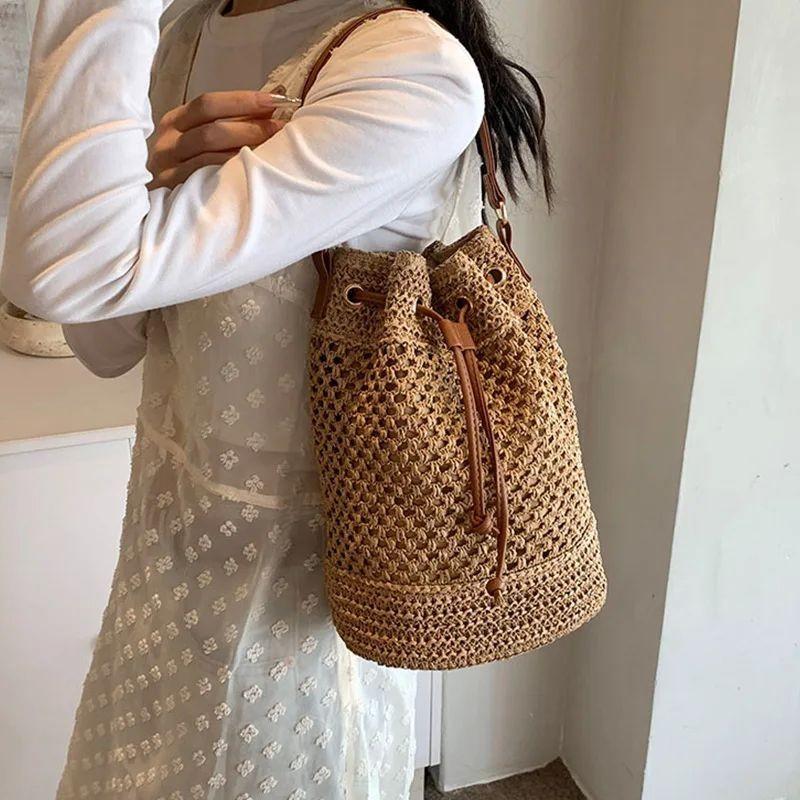 Fashion Woven Canvas Bucket Bag With Single Strap For Casual Daily Wear