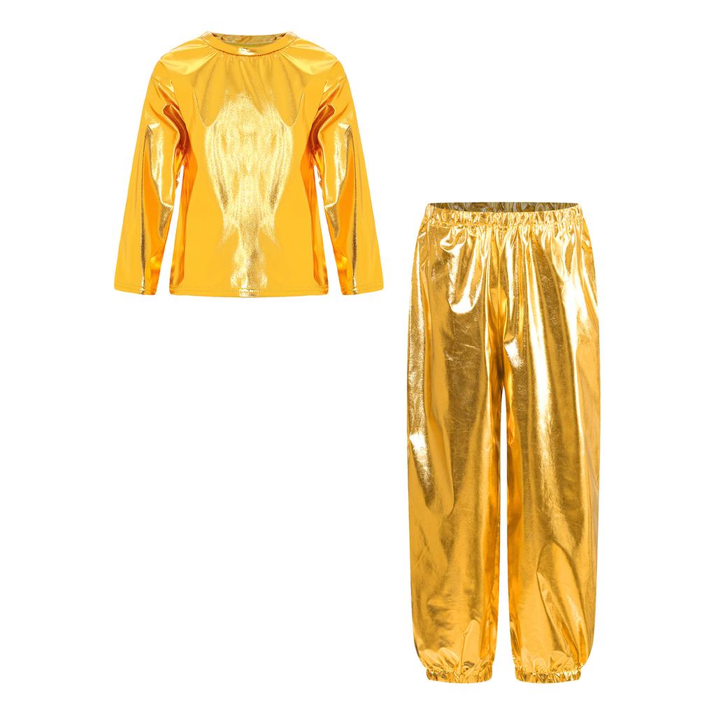 Girls Dance Party Outfit Metallic Shiny Long Sleeve Round Neck T Shirt with Performance Pants Set