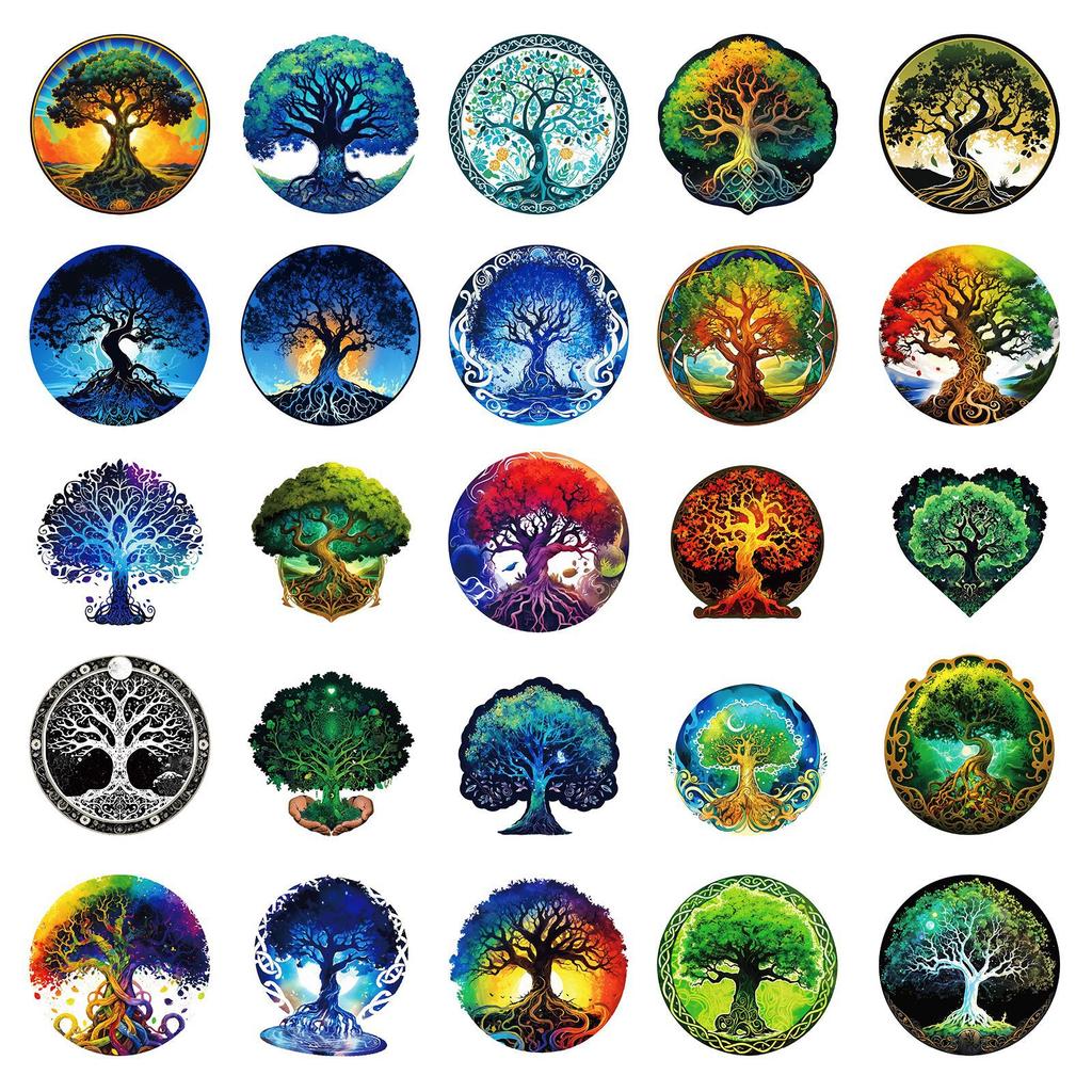 50 Sheets Of Tree Of Life Hand Account Literary Stickers Creative Totem Pattern Retro Mobile Phone Case Water Cup Computer Decorative Stickers
