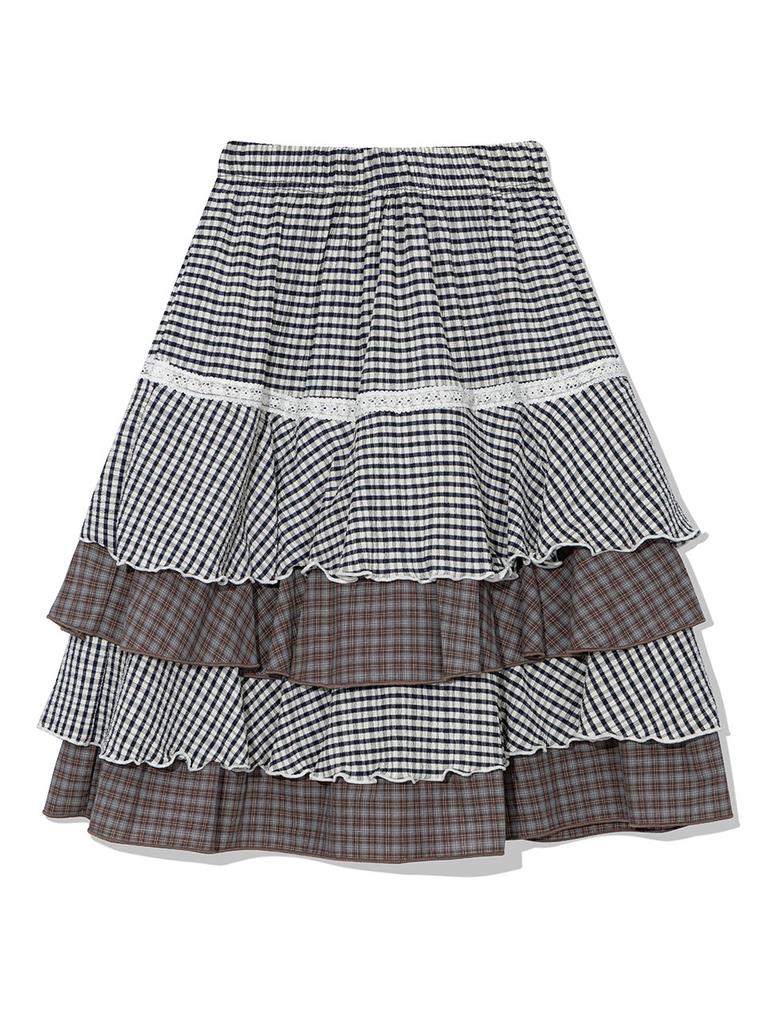 Eogeulliswedou Tiered Checkered Mix Skirt (Navy)