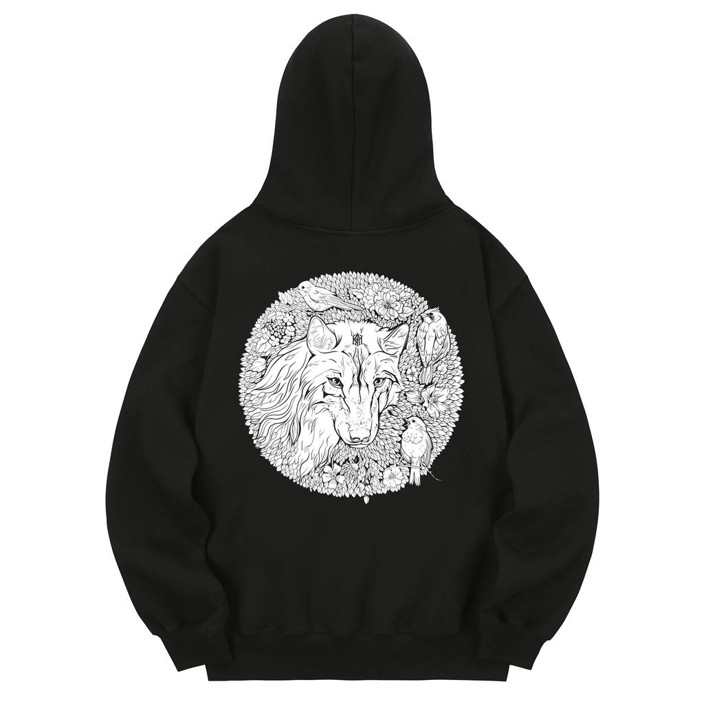 Khb0140 White Wolf Fleece-Lined Hoodie - Black