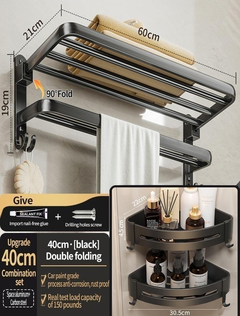 No Drill Bathroom Hardware Towel Rack Black 40CM-60CM Folding Aluminum Towel Rack Holder With Hook Towel Holder Tissue Holder