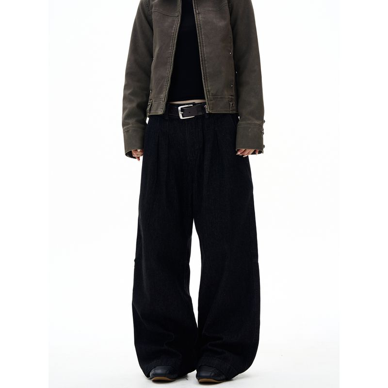 Kisko American Retro Washed Black Wide-Leg Double-Pleated Jeans Unisex Trendy Loose Versatile Floor-Length Pants