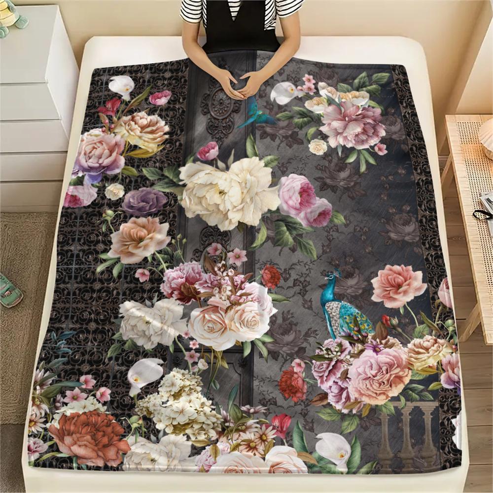 1Pc Vintage Floral Bird Print Flannel Blanket, High quality Comfortable for All Seasons, Home Decor, Warmth and Comfort, Perfect for Gifts