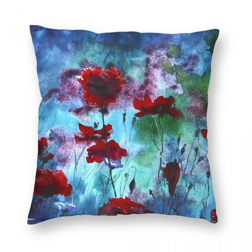 Wave Of Poppies On Blue Square Pillowcase Polyester Linen Velvet Pattern Zip Decor Pillow Case Home Cushion Cover