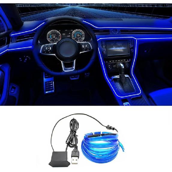 EL Wire Interior Car LED Strip Lights, 16.5FT USB Neon Glowing Strobing El Wire Strip With 6Mm Sewing Edge, Ambient Lighting Kits For Car Ide