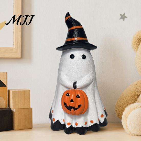Halloween Party Decor Ghost Figurine, Cute Wearing Hat And Holding Table Centerpiece Pumpkin Statue, Resin Ornament for Shelf Tabletop Collectible