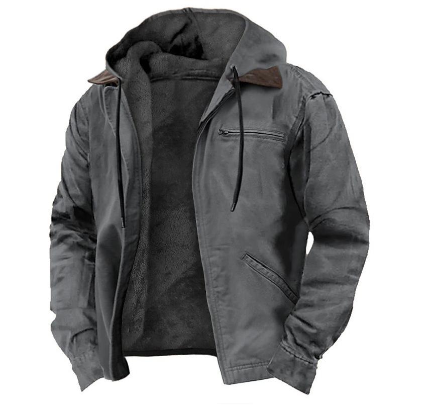 Men's Solid Color Hooded Cotton Jacket with Zipper Pockets and Plus Velvet Lining