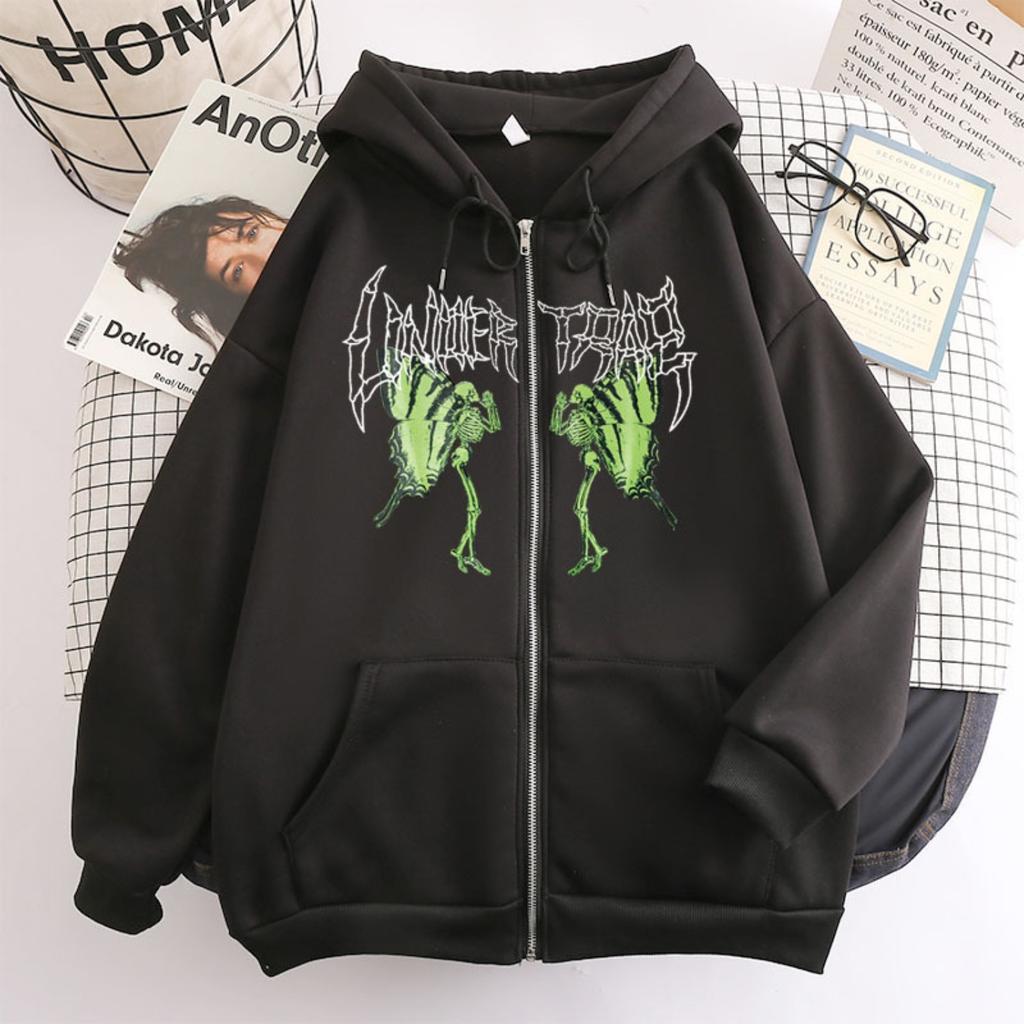 Women's Hooded Zip Up Loose Fit Long Sleeve Printed Butterfly Casual Cardigan Sweatshirt Jacket
