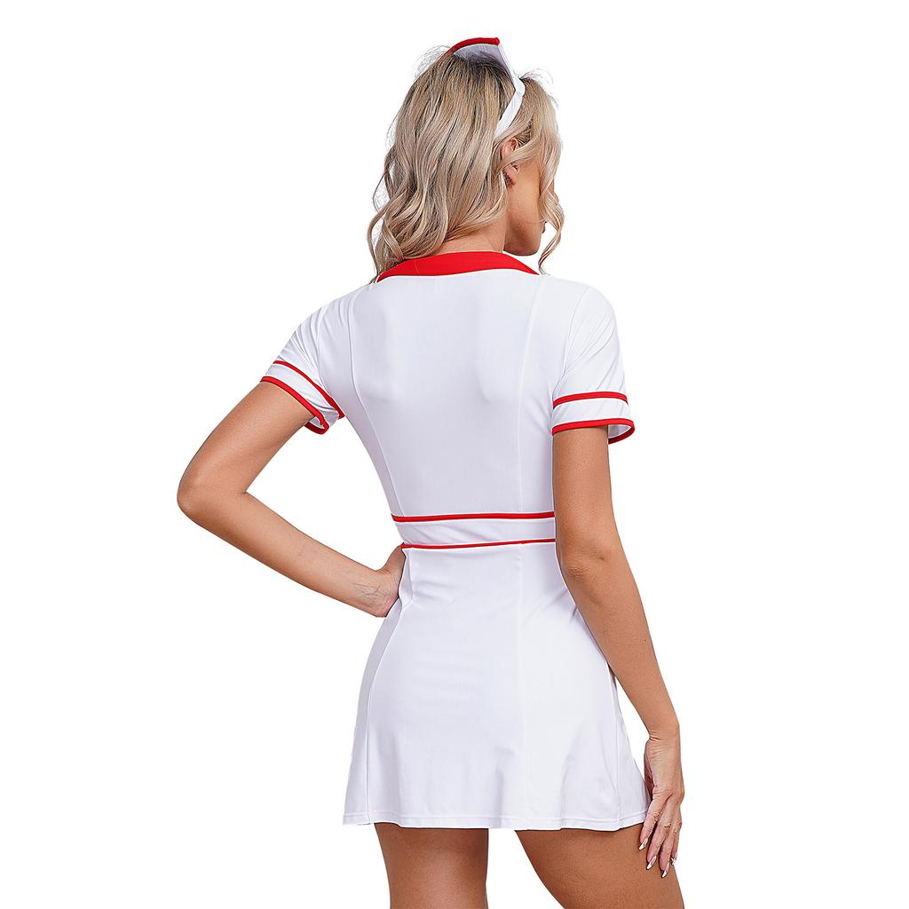 Womens Nurse Dress and Hat Costume Set Short Sleeve Front Zipper Cross Patch Dress with Headwear