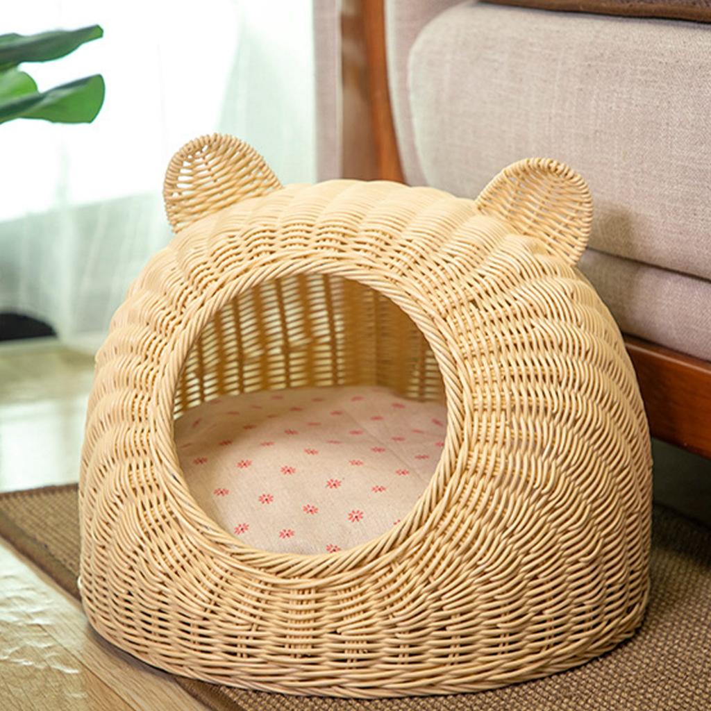 Legowisko dla kota Urocze kocie uszy imitujące rattan Tkane ręcznie Oddychające Przez cały rok Zmywalne Półzamknięte dla kota