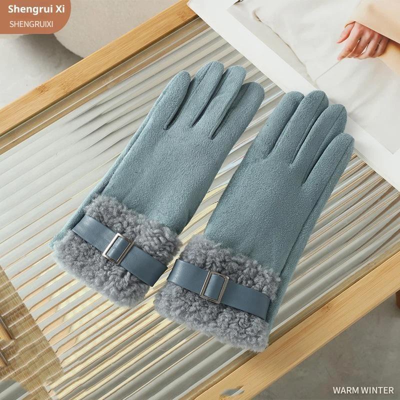 Fashion Suede Women Fleece Gloves Thick Warm Touch Screen Cycling Mittens Windproof Cold Protection Outdoor Ski Gloves