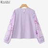 ZANZEA Women Casual Floral Print Splice Long Sleeve Round Neck Loose Blouse