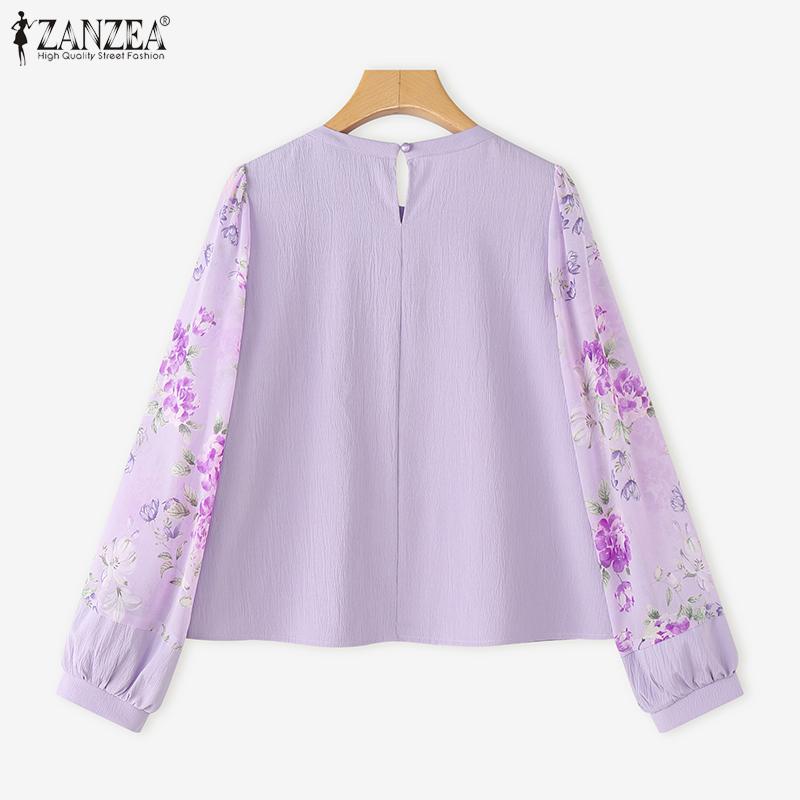 ZANZEA Women Casual Floral Print Splice Long Sleeve Round Neck Loose Blouse