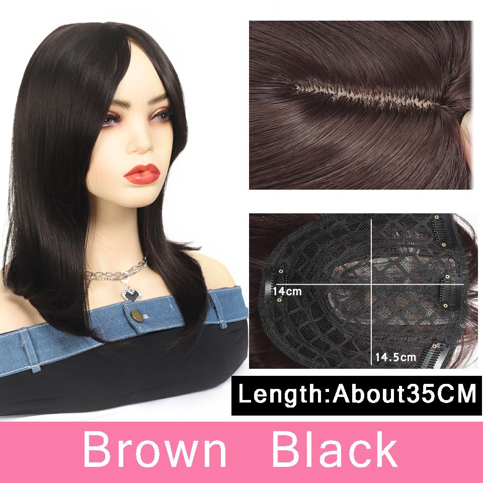 Piesă de păr fals sintetic sintetic maro negru pentru femei Topper cu breton din mijloc Extensii de păr cu clips pentru femei
