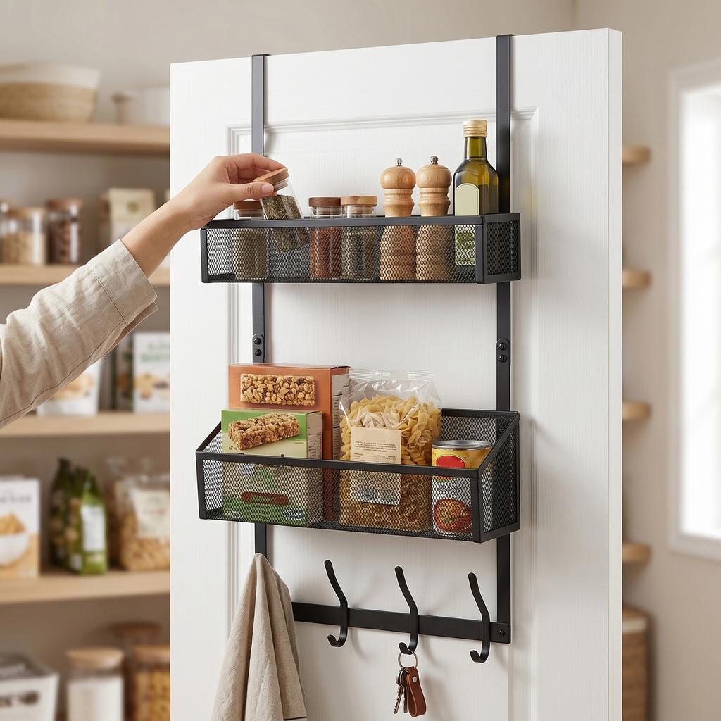 Over The Door Hooks Metal Hanger Storage Rack with 2 Mesh Basket and Coat Hooks for Bathroom Bedroom Kitchen
