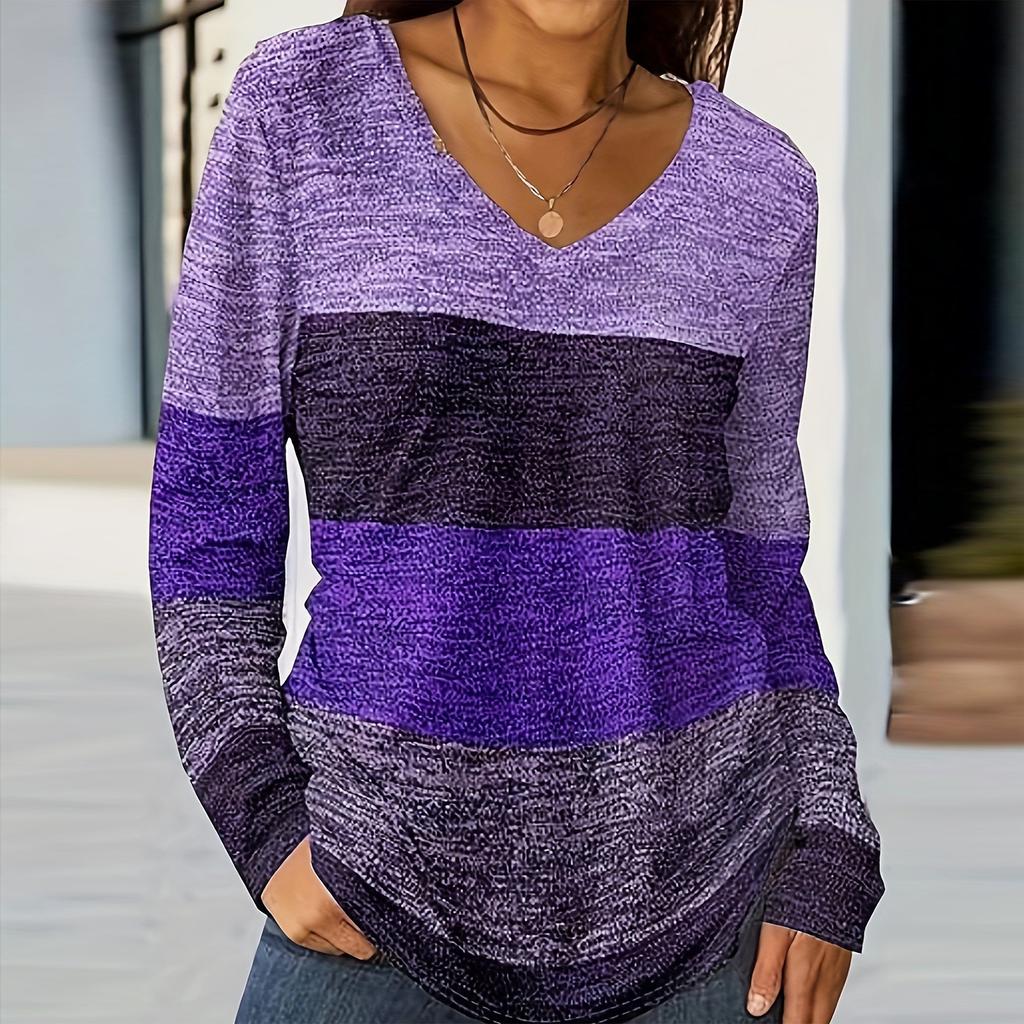 Women's Color Blocked Casual Fashion Long Sleeved V-neck T-shirt Top