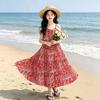 French Luxury Vacation Style Camisole Dress for Teenagers, Bohemian Floral Beach Casual Long Dress